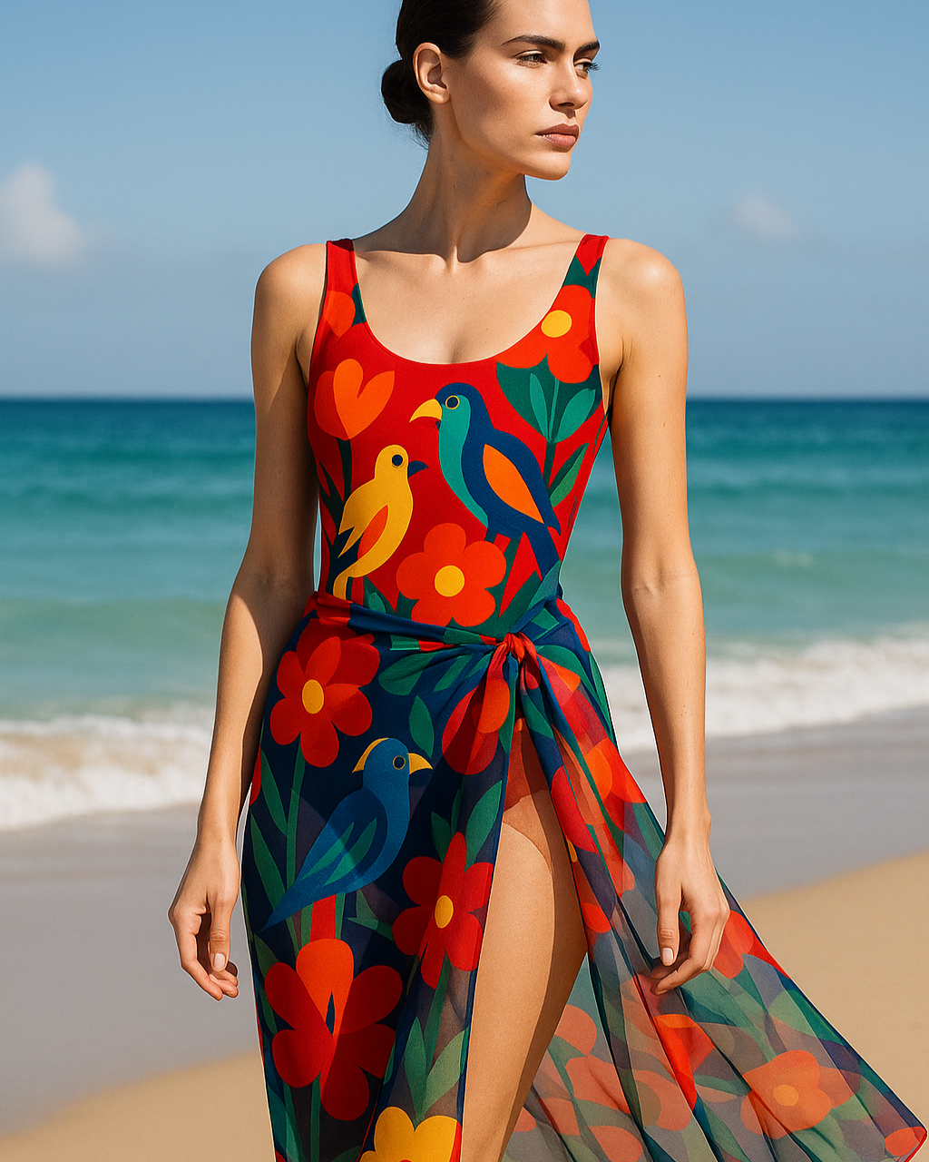 Woman in a colorful floral dress standing on a beach with ocean in the background