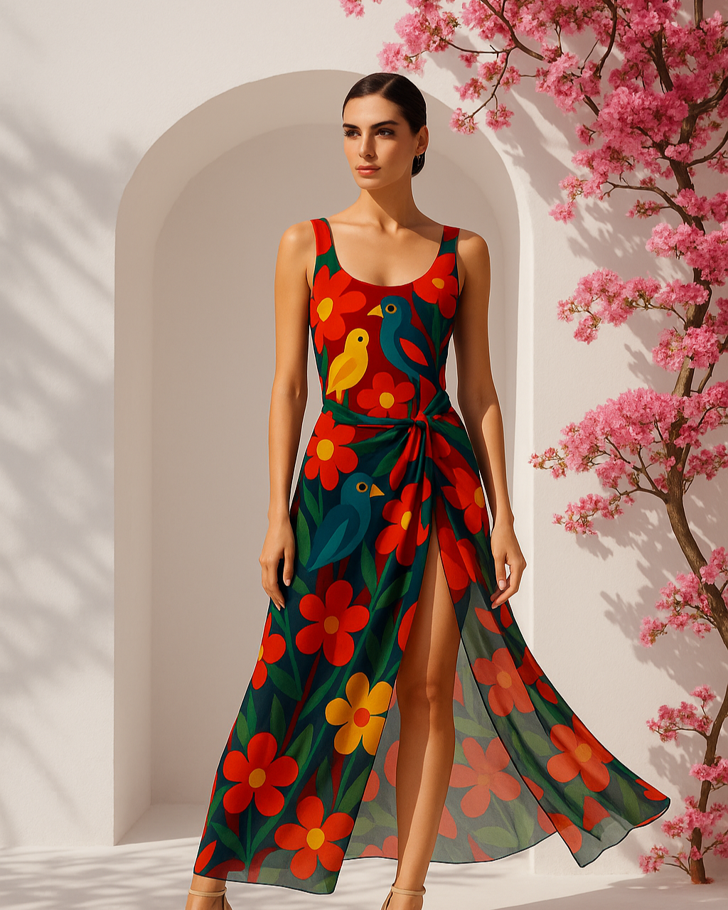 Woman wearing a colorful floral dress standing against a light wall with pink cherry blossoms.