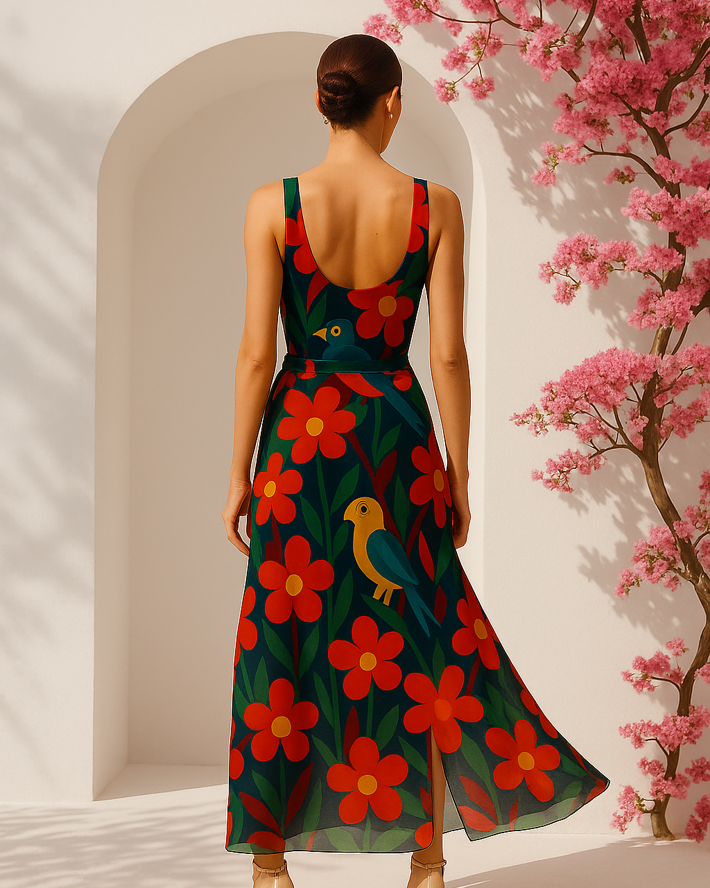 Woman wearing a floral swimsuit with a cherry blossom tree in the background