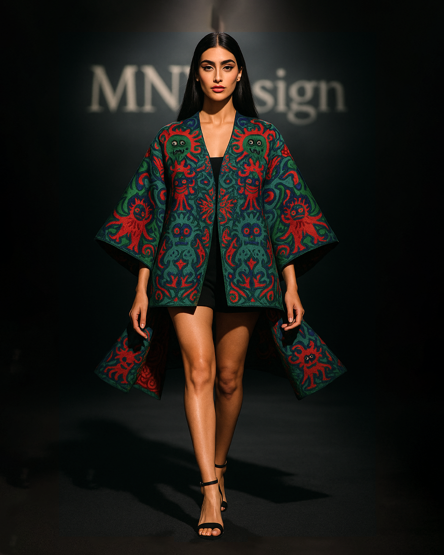 Model wearing a colorful patterned coat on a dark runway with 'MN Design' branding.