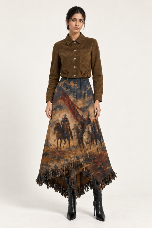 Caravan Skirt: a long brown skirt with broad narrative imagery and an uneven lower edge.