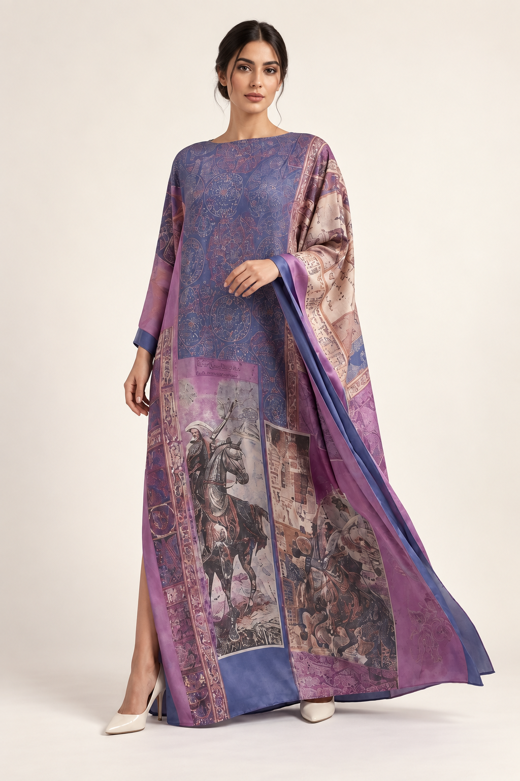 
Moonrise Kaftan: a purple kaftan with pale sleeves and a large printed central field.