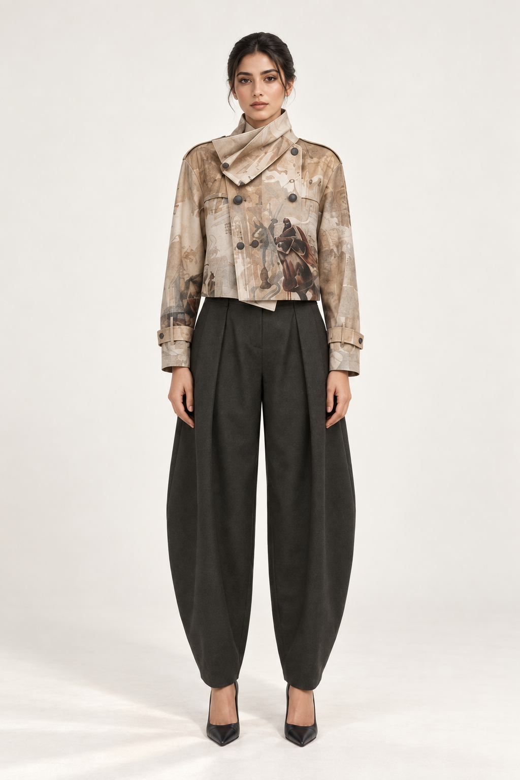 
Al Zanati Jacket: a pale cropped-looking jacket with fine narrative print and long sleeves.