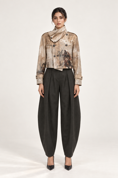 
Al Zanati Jacket: a pale cropped-looking jacket with fine narrative print and long sleeves.