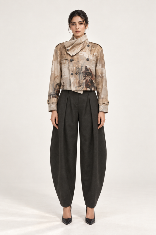 Al Zanati Jacket: a pale cropped-looking jacket with fine narrative print and long sleeves.
