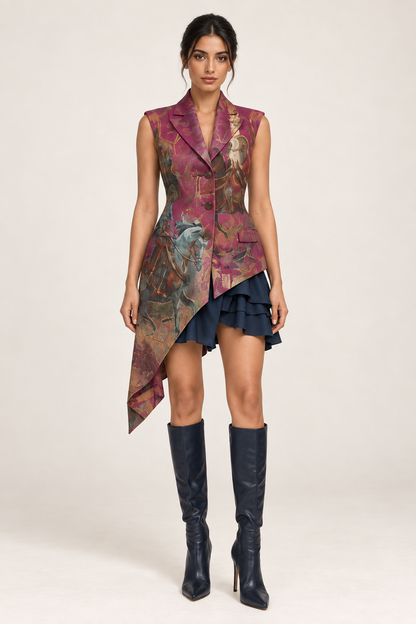 
Gallant Vest: a burgundy sleeveless vest with a long asymmetric printed front.
