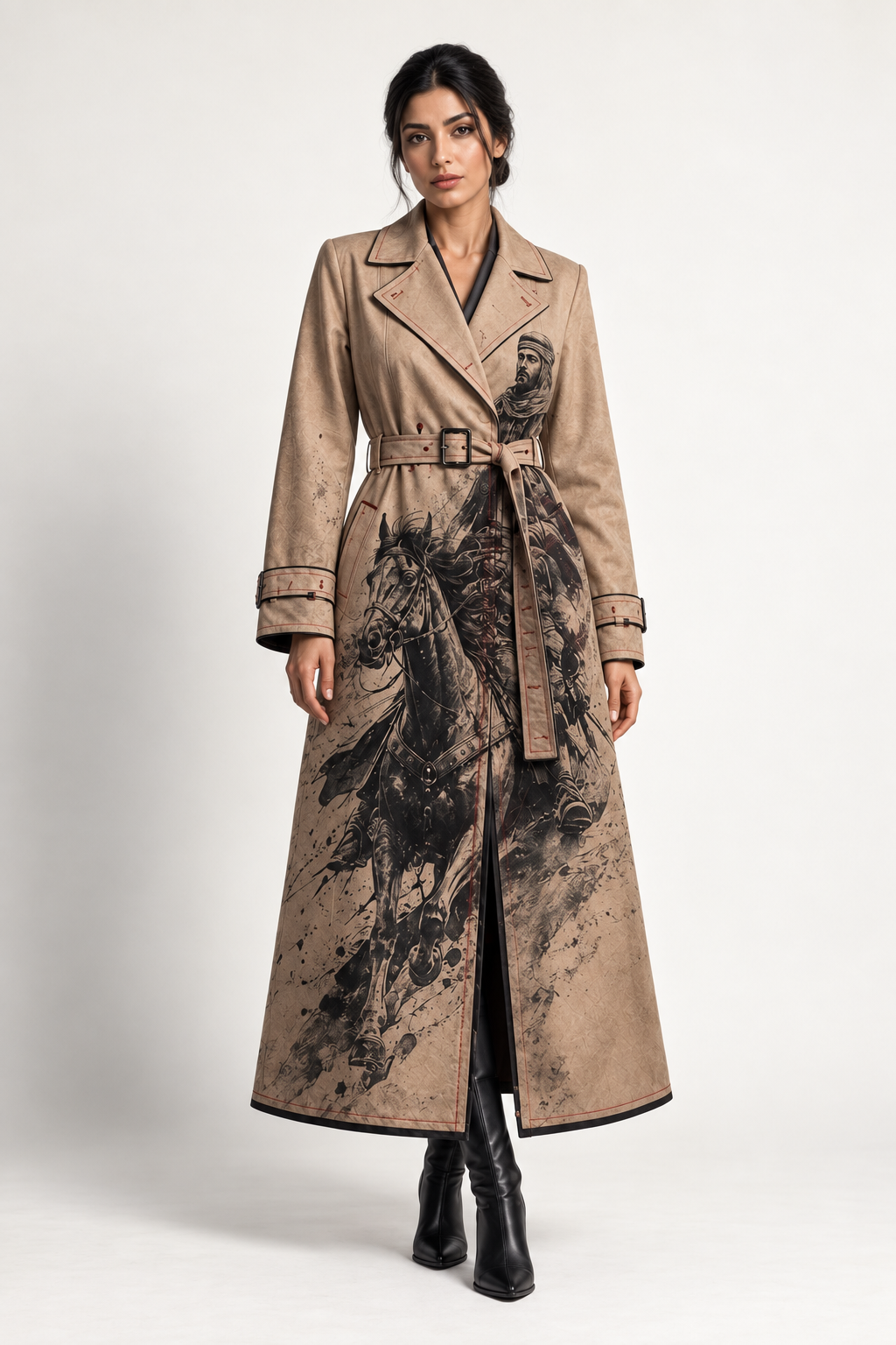 
Resolve Coat: a beige coat with dark figurative imagery and a defined front opening.