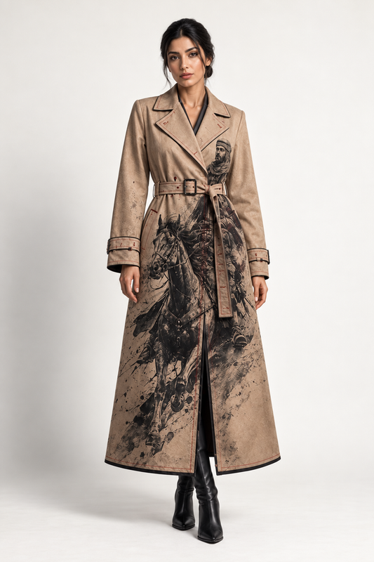 Resolve Coat: a beige coat with dark figurative imagery and a defined front opening.