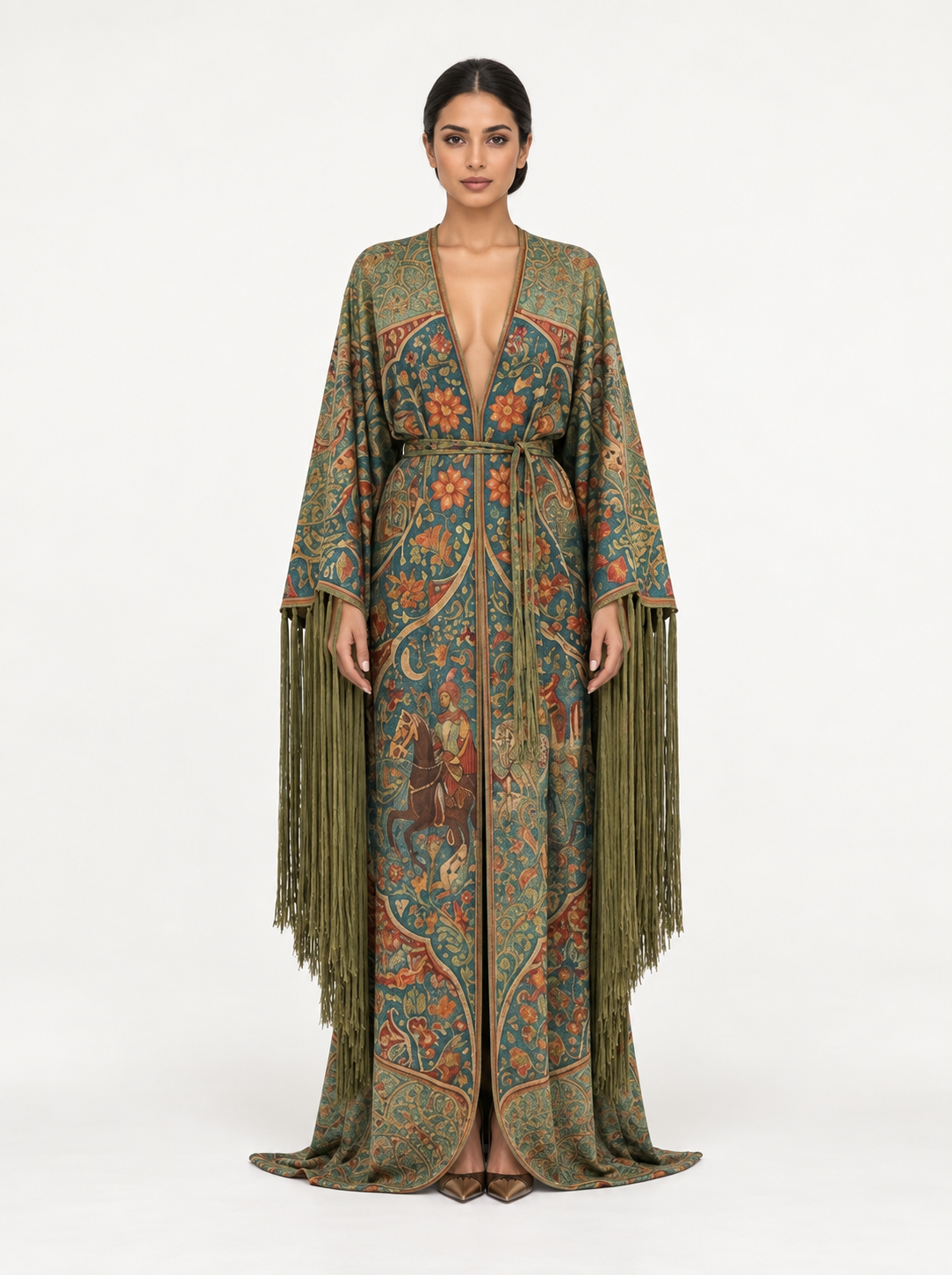 
Composure Gown: a long olive gown with a central opening line and fine narrative pattern.