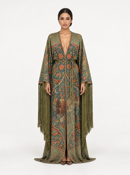 
Composure Gown: a long olive gown with a central opening line and fine narrative pattern.