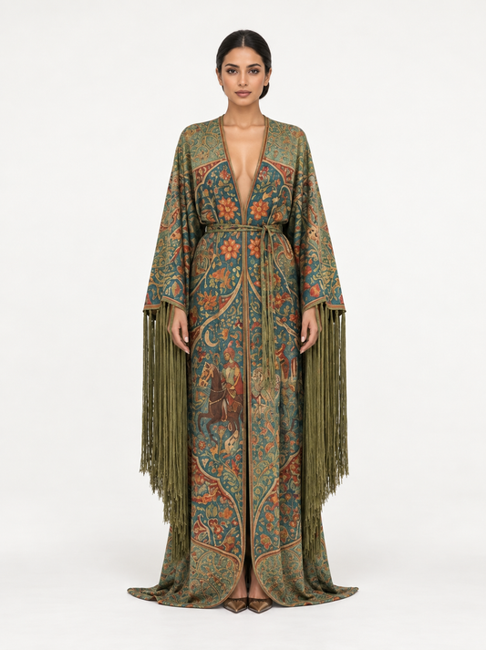 Composure Gown: a long olive gown with a central opening line and fine narrative pattern.