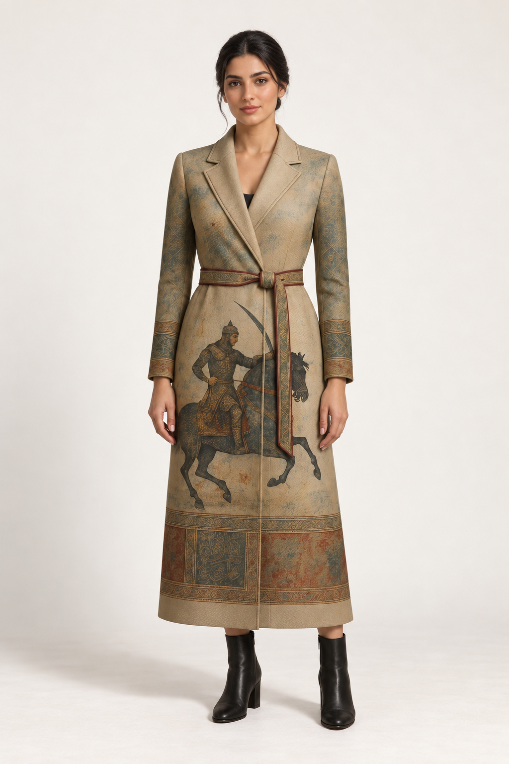 
Vanguard Coat: an olive-toned coat with a defined waist and narrative imagery around the lower body.