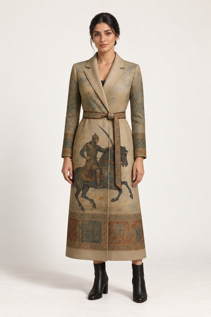 
Vanguard Coat: an olive-toned coat with a defined waist and narrative imagery around the lower body.