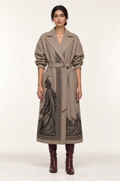 
Homeward Coat: a taupe coat with a broad collar and dark narrative print towards the hem.