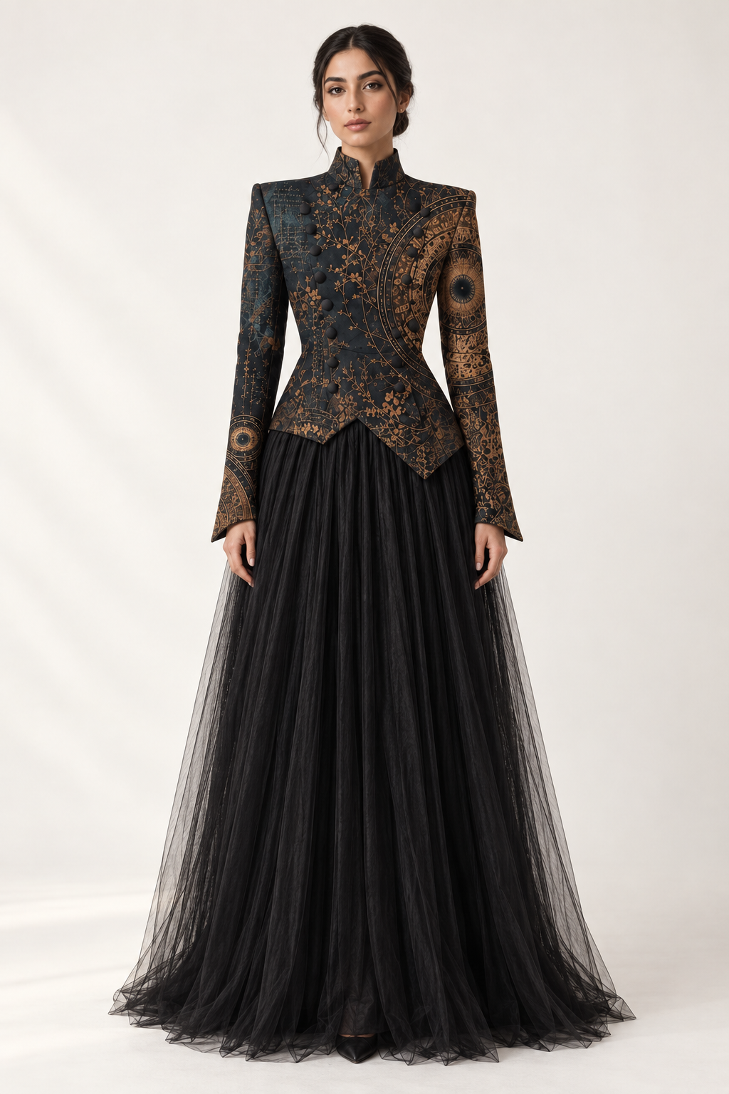 
Al Jaziyah Ensemble: a dark fitted-looking jacket styled above a full black skirt.