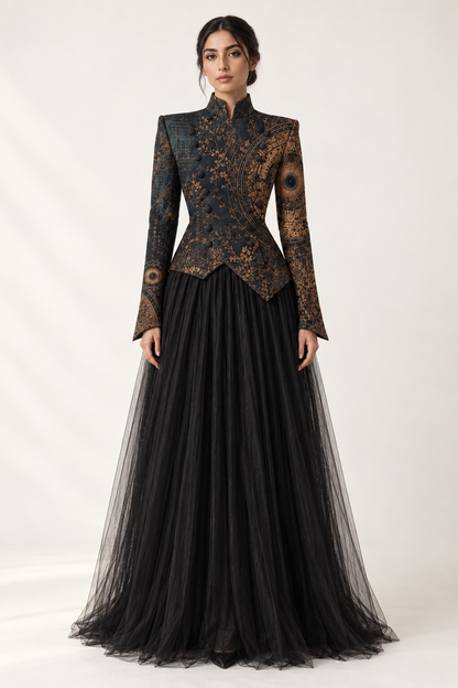 
Al Jaziyah Ensemble: a dark fitted-looking jacket styled above a full black skirt.