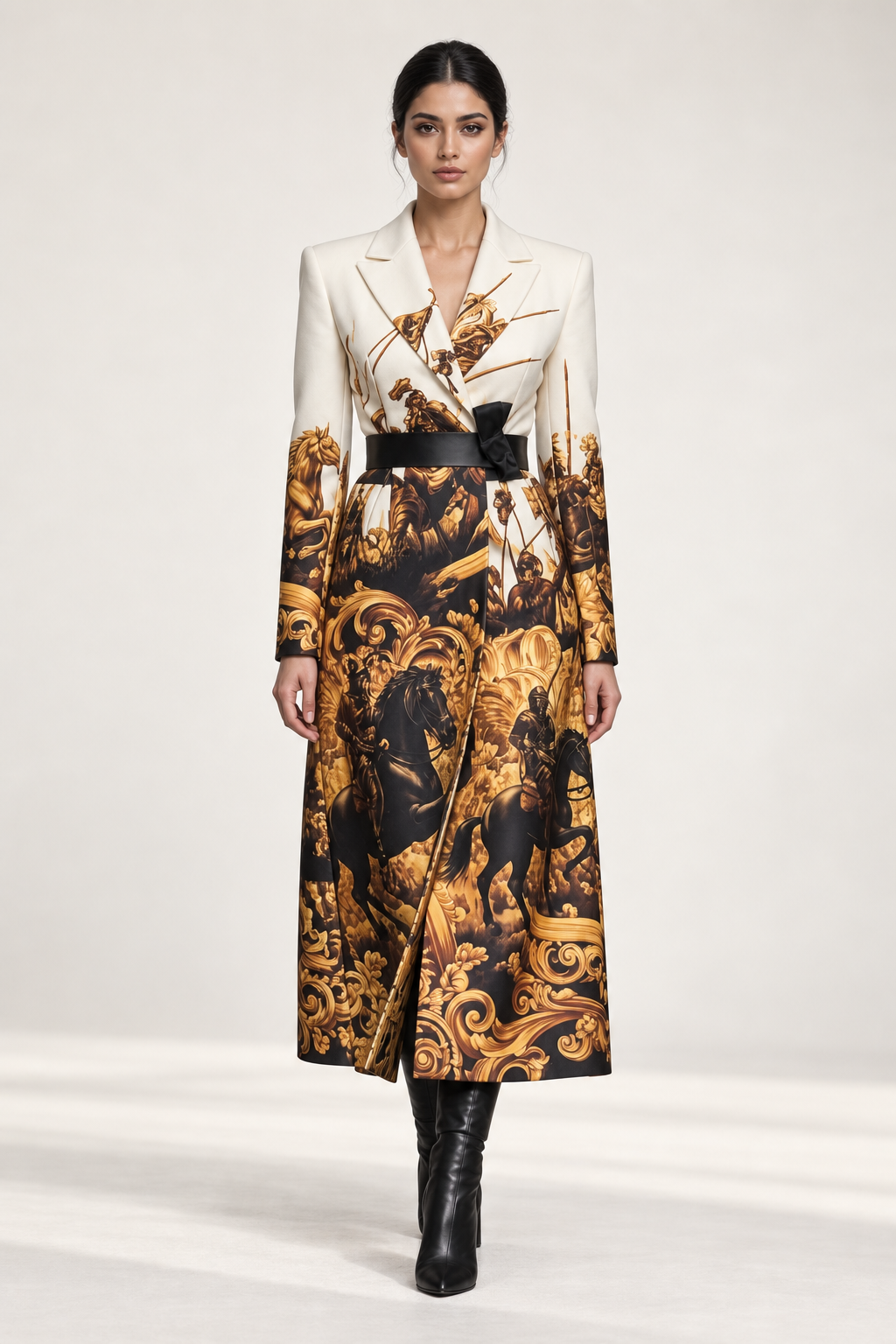 
Yearning Coat: a long pale-to-mustard coat with large warm-toned floral-looking imagery.