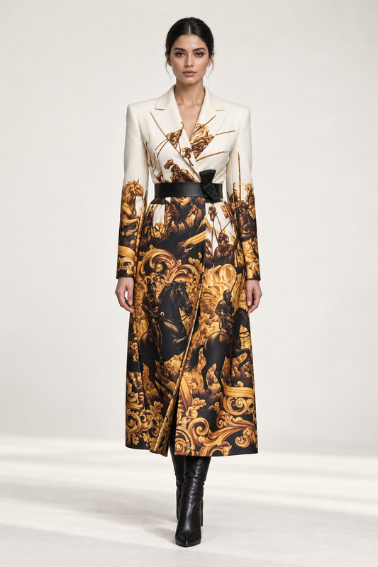 Yearning Coat: a long pale-to-mustard coat with large warm-toned floral-looking imagery.