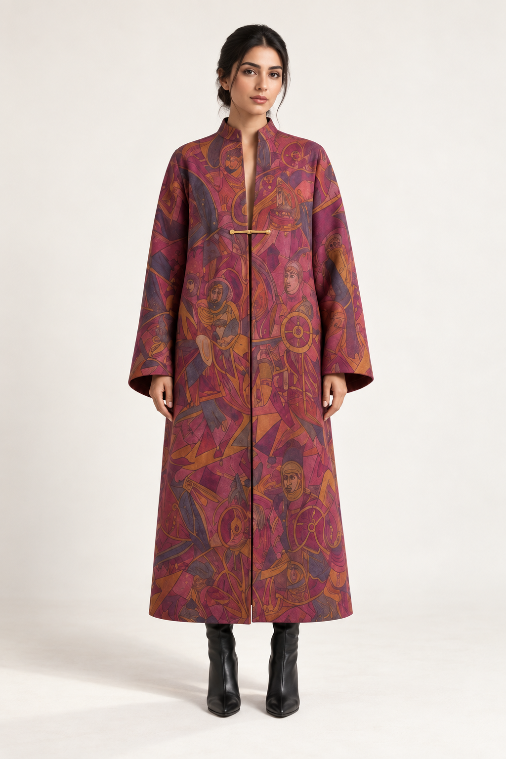 
Chronicle Coat: a long burgundy coat with an all-over narrative print.