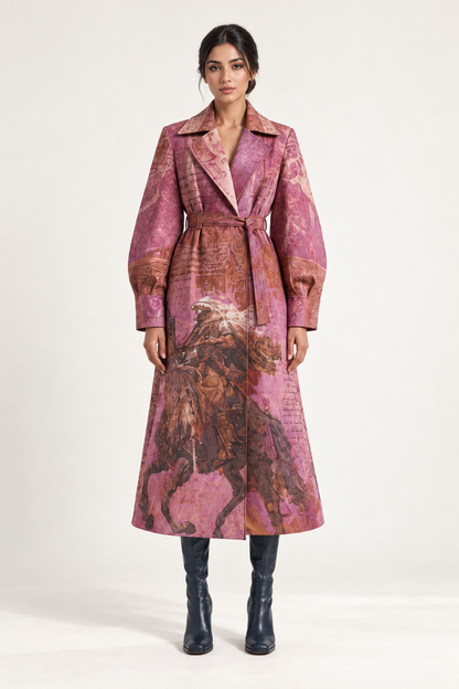 
Devotion Coat: a pink coat with a waist accent and softly distributed print.