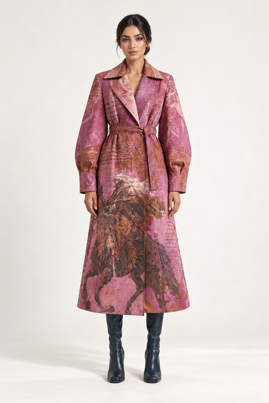 Devotion Coat: a pink coat with a waist accent and softly distributed print.