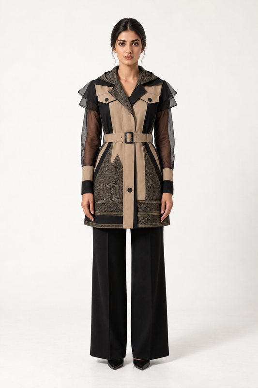 Discretion Jacket: a short beige jacket with dark lapels and separated figurative panels.
