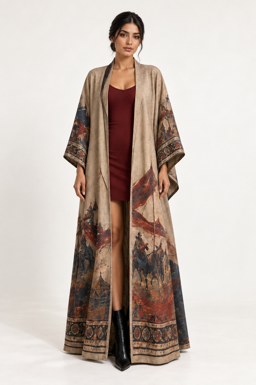 
Covenant Robe: a long open brown robe with narrative borders along the front and hem.