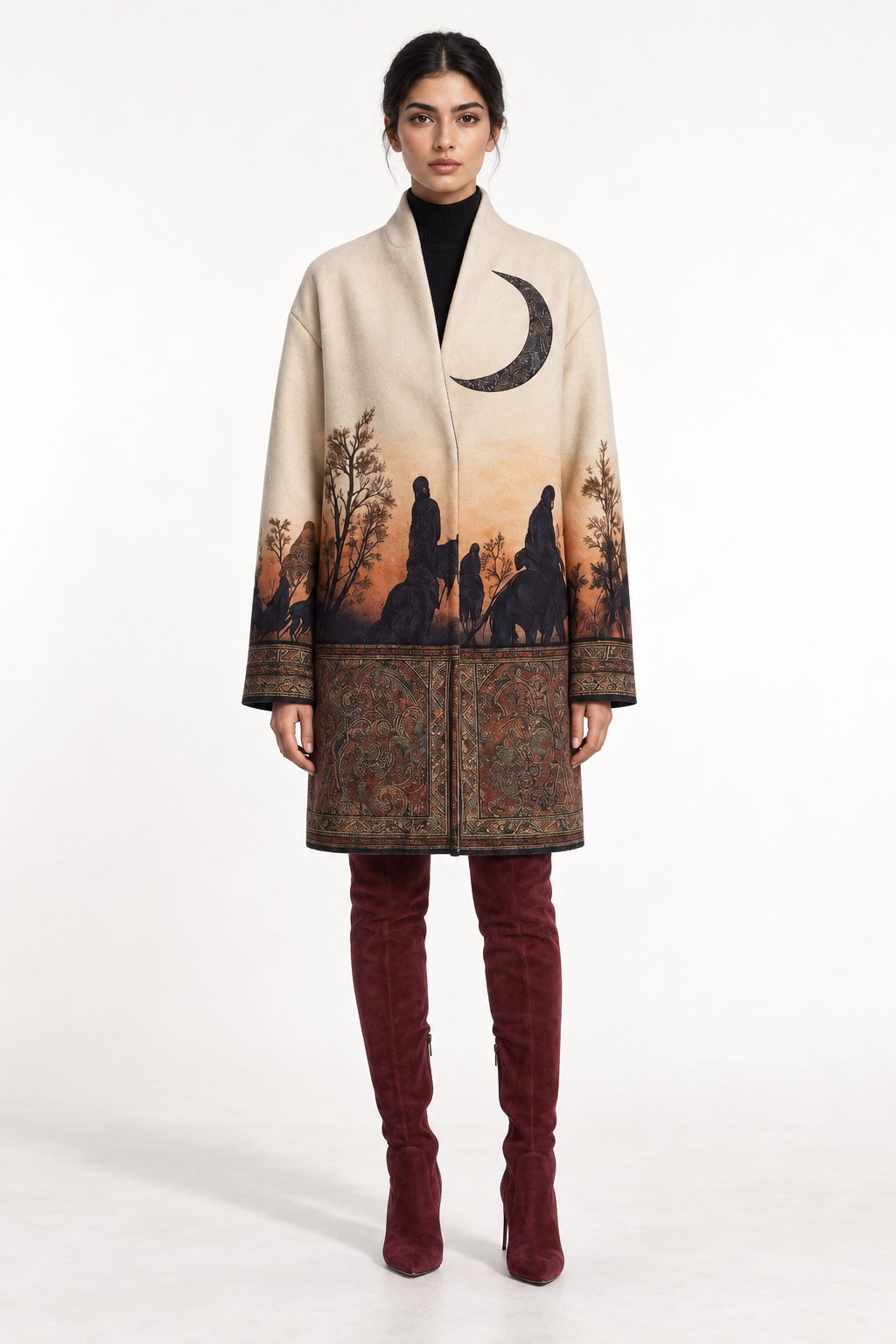 
Crescent Coat: a pale collared outer layer with a dark narrative border towards the hem.