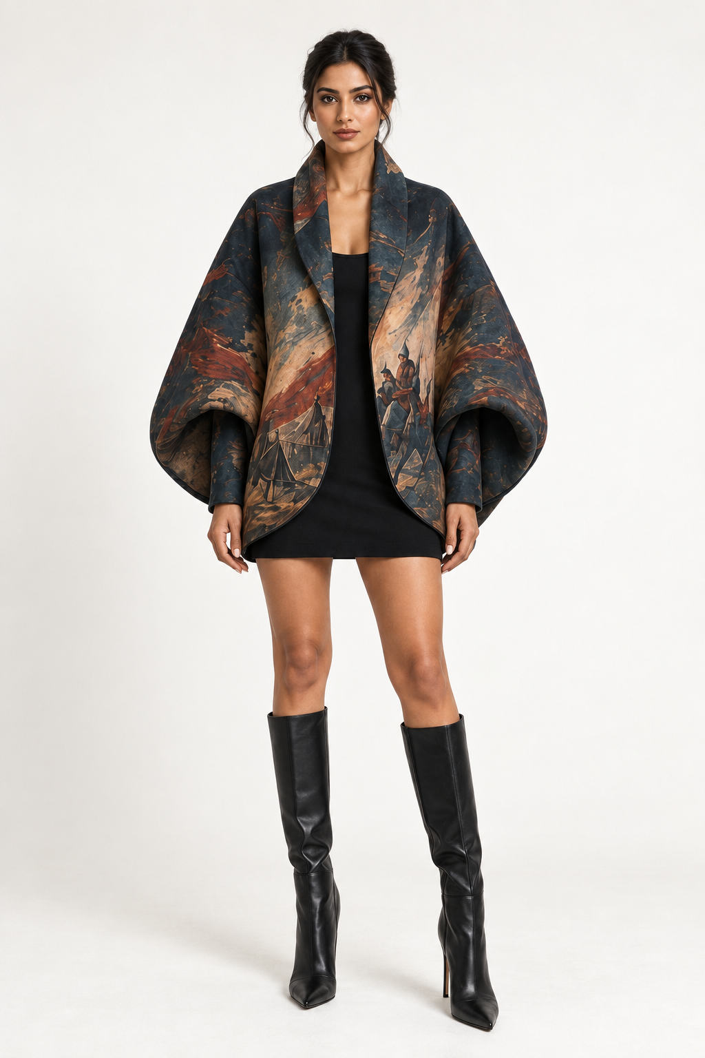 
Crossing Jacket: a dark jacket with broad rounded-looking sleeves and warm printed panels.