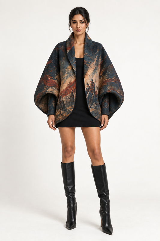 Crossing Jacket: a dark jacket with broad rounded-looking sleeves and warm printed panels.