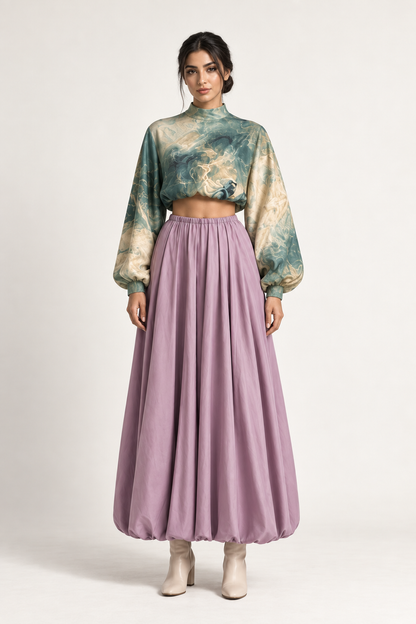 
Zephyr Ensemble: a long mauve skirt styled with a pale printed upper layer.