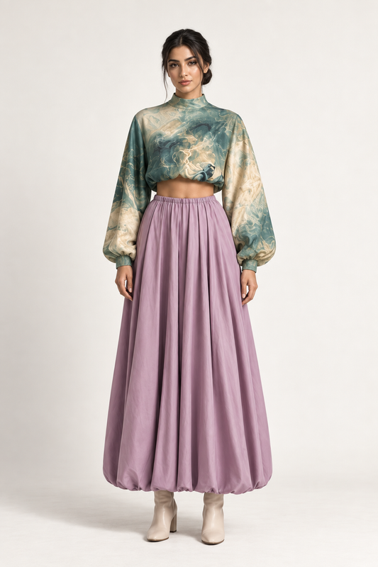 Zephyr Ensemble: a long mauve skirt styled with a pale printed upper layer.