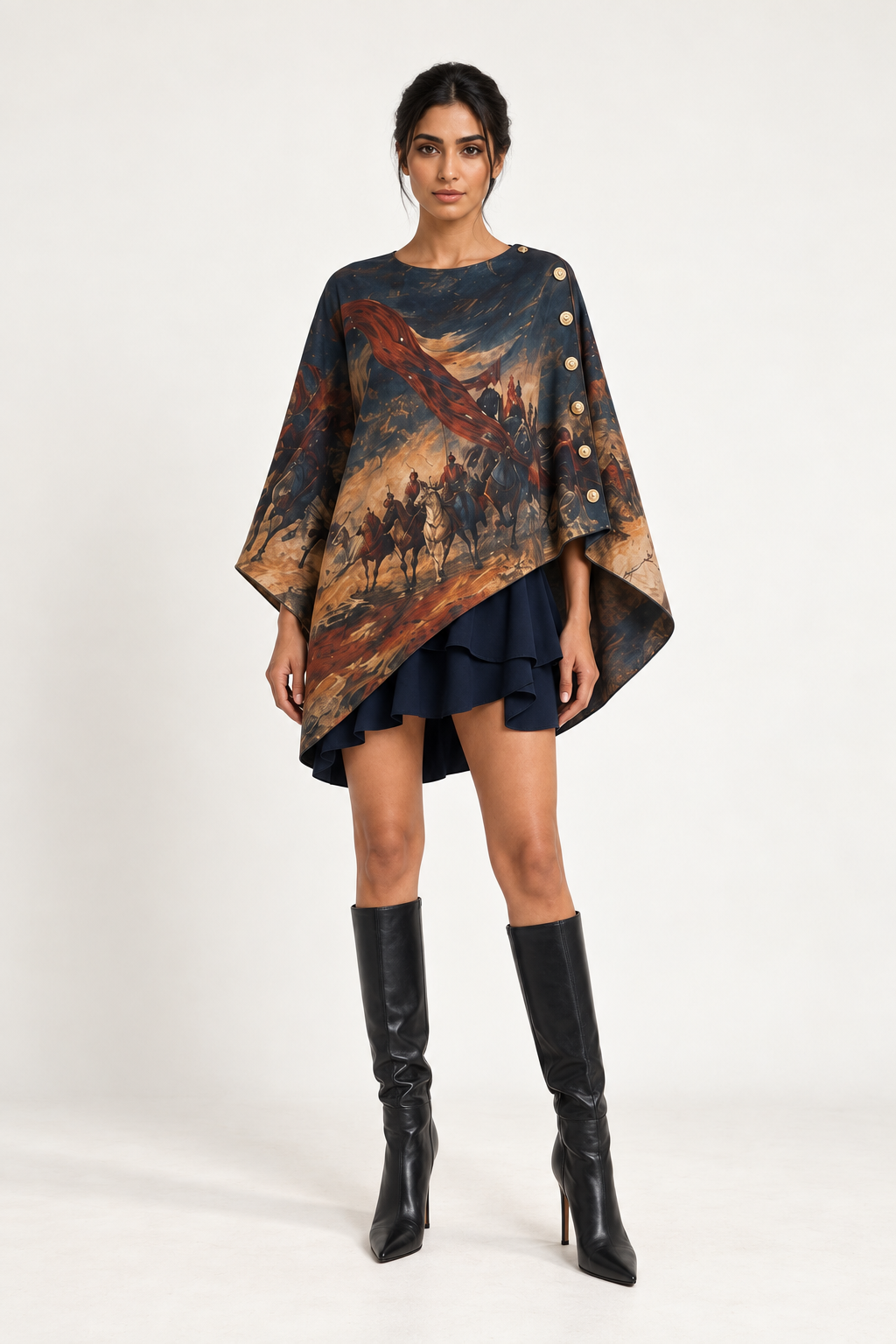 
Standard Cape: a dark printed cape with an asymmetric hem, styled above a short skirt.