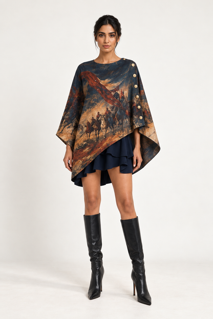 
Standard Cape: a dark printed cape with an asymmetric hem, styled above a short skirt.