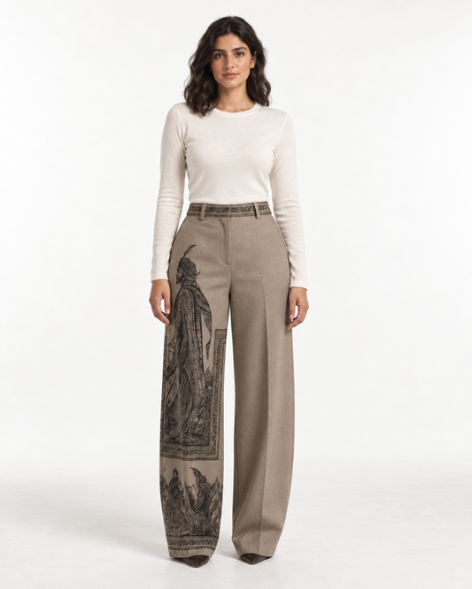 Wayfarer Trousers: wide grey trousers with a long, uninterrupted leg line.