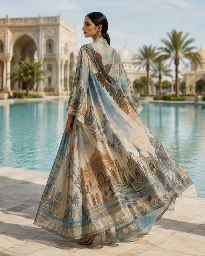 A woman stands by a pool wearing a flowing, semi-sheer kaftan-style dress with a scenic architectural print in beige, blue, and brown tones. A grand palace and palm trees are visible in the background.