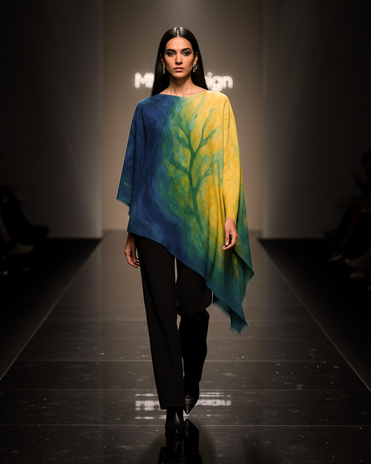 Model walking on a runway wearing a colorful garment with 'Mishra Design' branding.