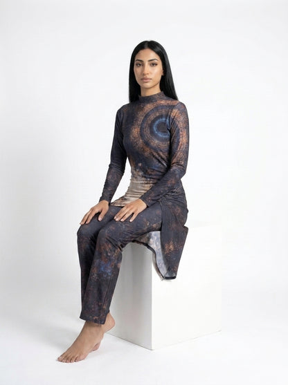 A woman sits barefoot on a white block against a white studio background, wearing a long-sleeve mock-neck tunic and matching pants set in a dark abstract print with brown, blue, and gray tones.