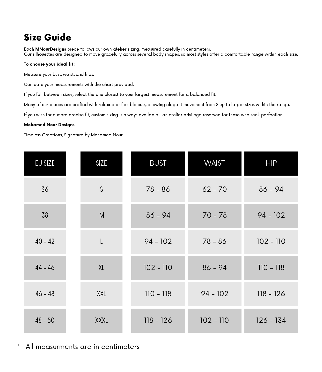 Size guide chart for clothing measurements in centimeters