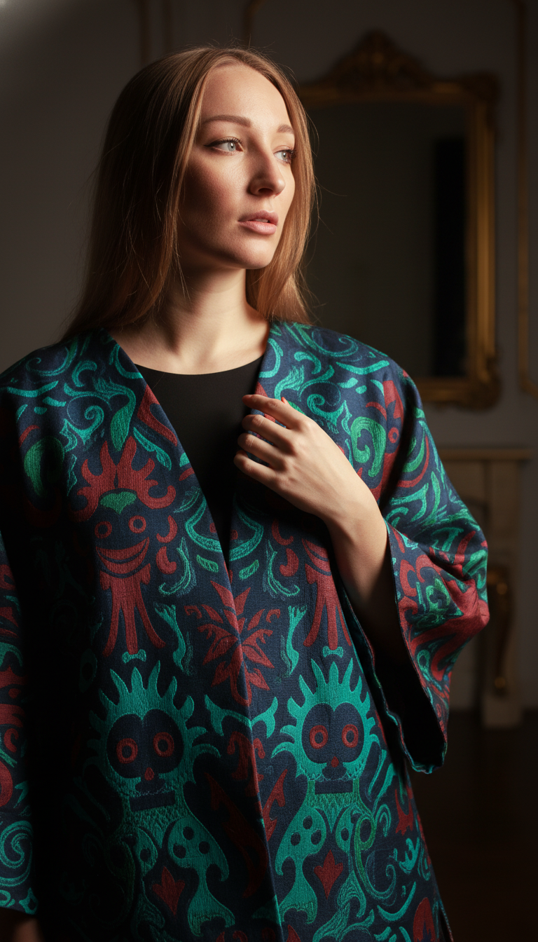 Woman wearing a colorful patterned coat in a dimly lit room.