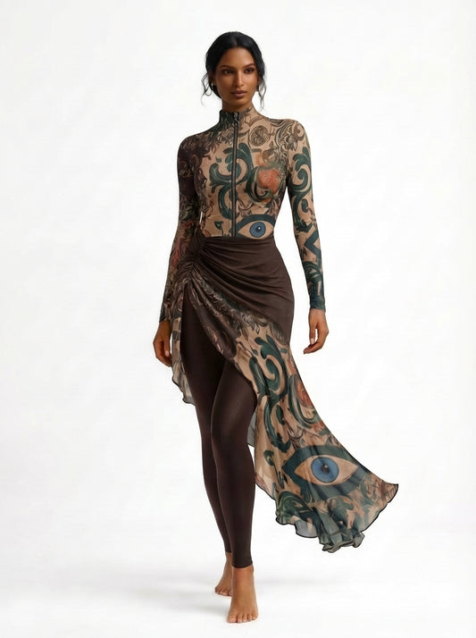 Woman wearing a long-sleeve dress with intricate patterns on a white background