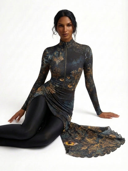 Woman wearing a long-sleeve, patterned top and black leggings on a white background