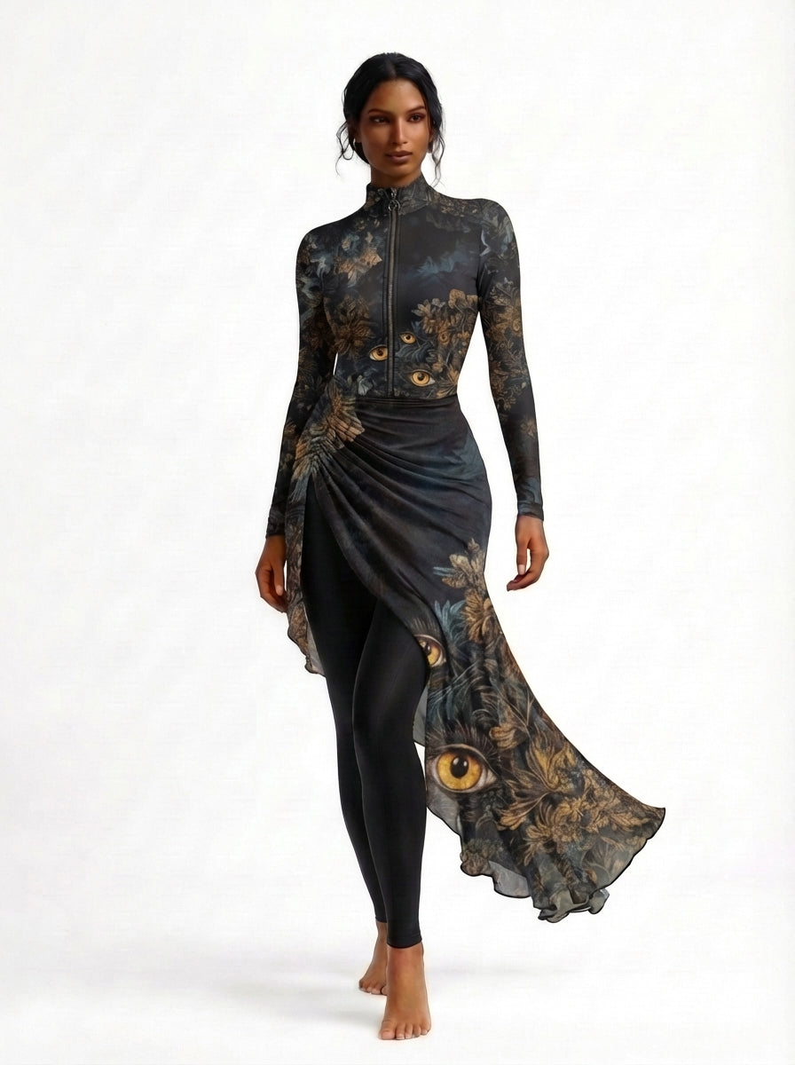 Woman wearing a long, dark floral burkini with a fitted bodice and flowing skirt on a white background.