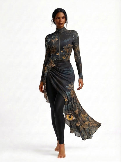 Woman wearing a long, dark floral burkini with a fitted bodice and flowing skirt on a white background.