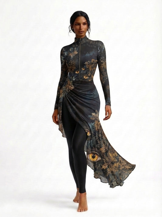 Woman wearing a long, dark floral burkini with a fitted bodice and flowing skirt on a white background.
