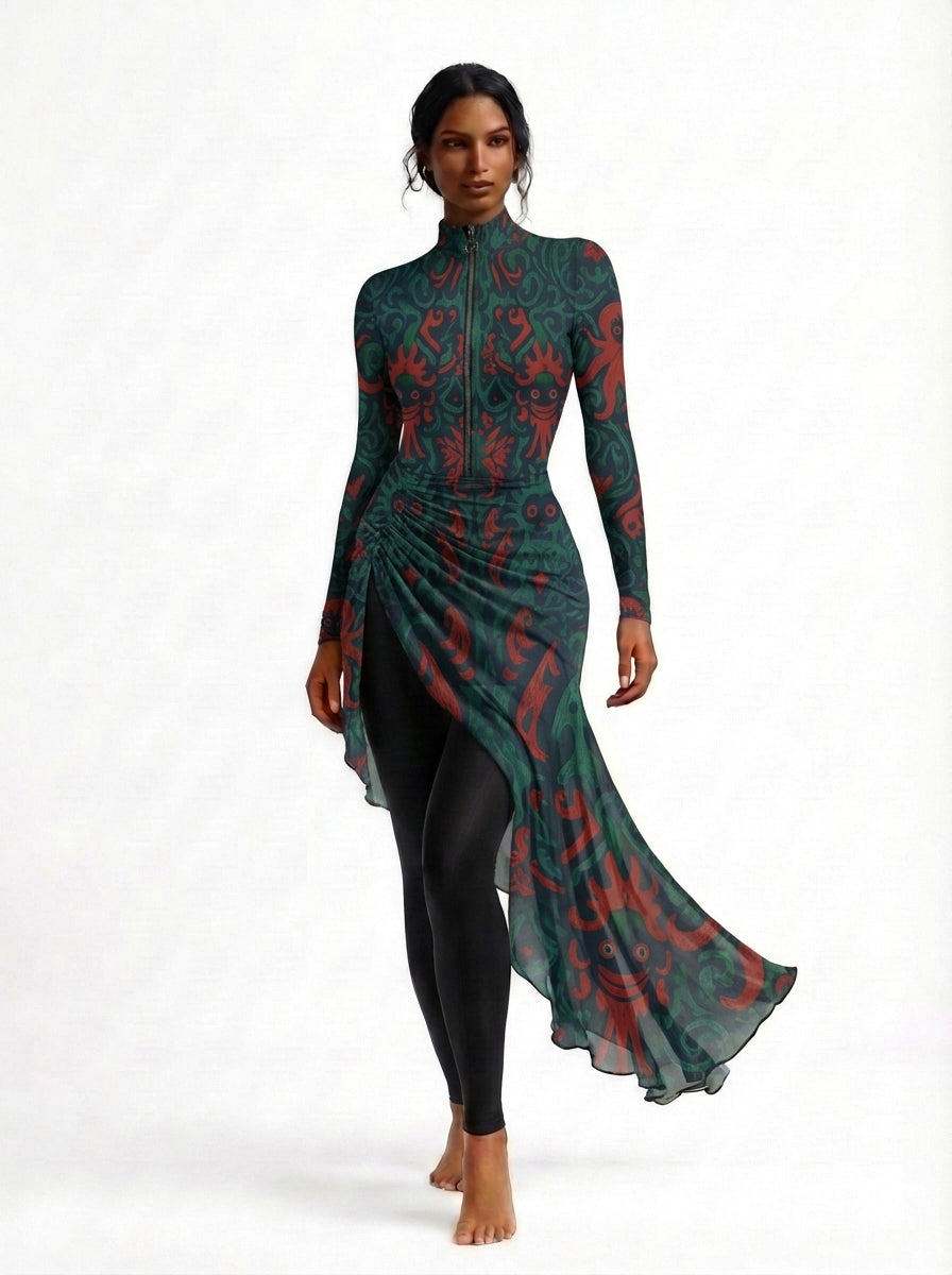 Woman wearing a long-sleeve dress with a pattern on a white background