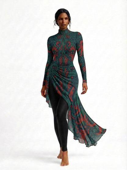 Woman wearing a long-sleeve dress with a pattern on a white background