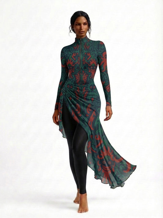 Woman wearing a long-sleeve dress with a pattern on a white background